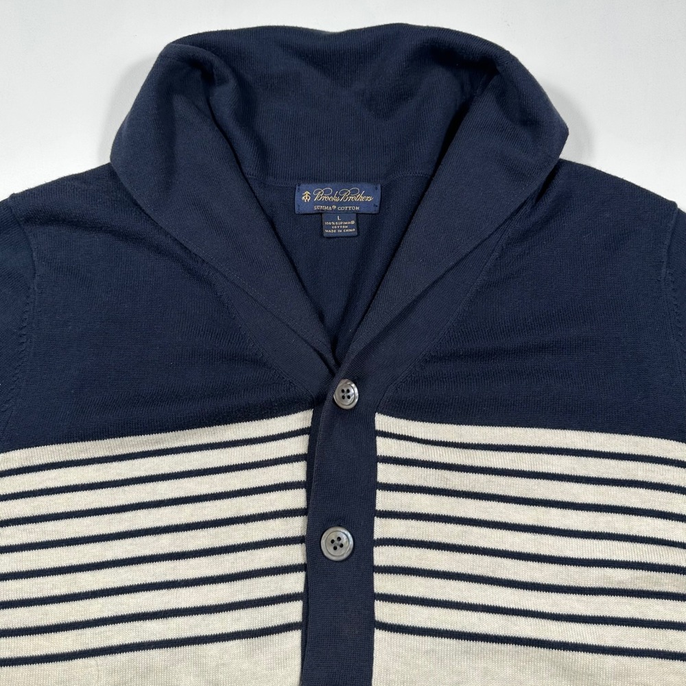 Brooks Brothers Shawl Collar Cardigan Mens Large Supima Cotton Striped Navy